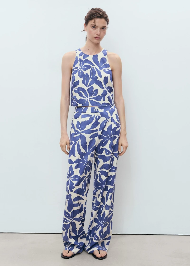 Printed linen-blend pants