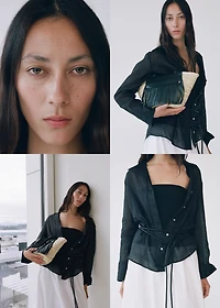 Small natural fiber basket with leather fringes