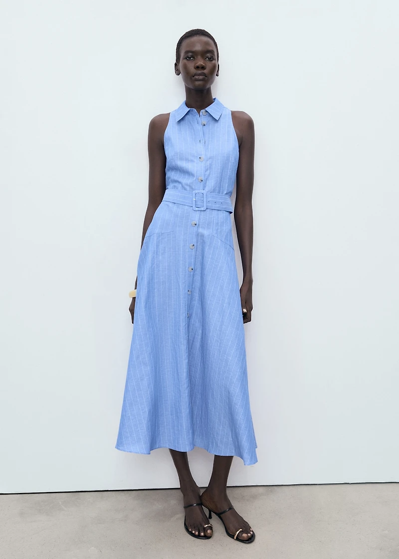 Striped linen-blend shirt-style dress