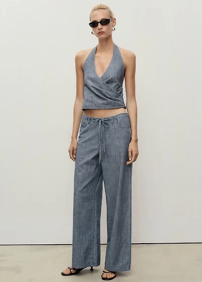 Wide-leg denim pants with belt