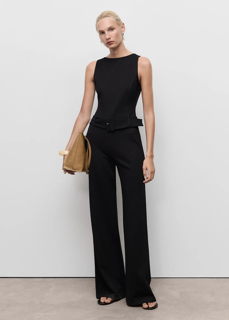 Long jumpsuit with belt and buckle