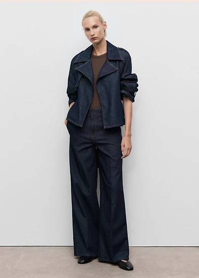 Short denim trench coat with belt