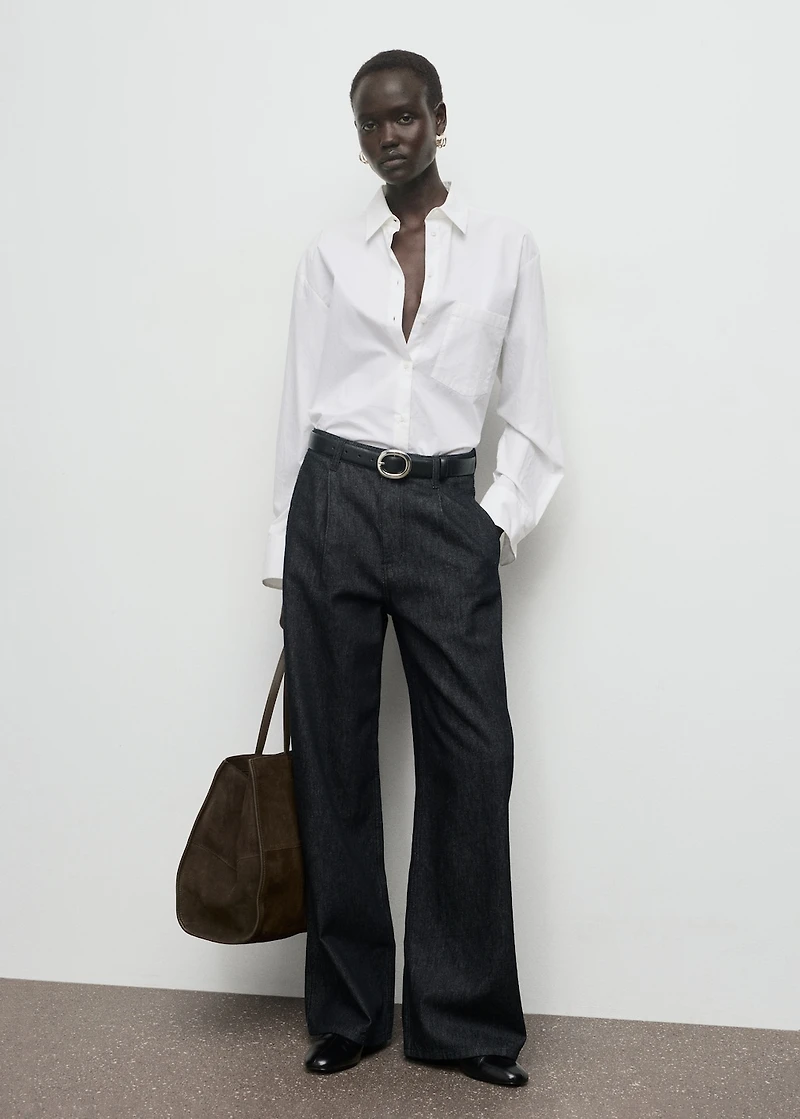 Wide-leg pleated denim trousers