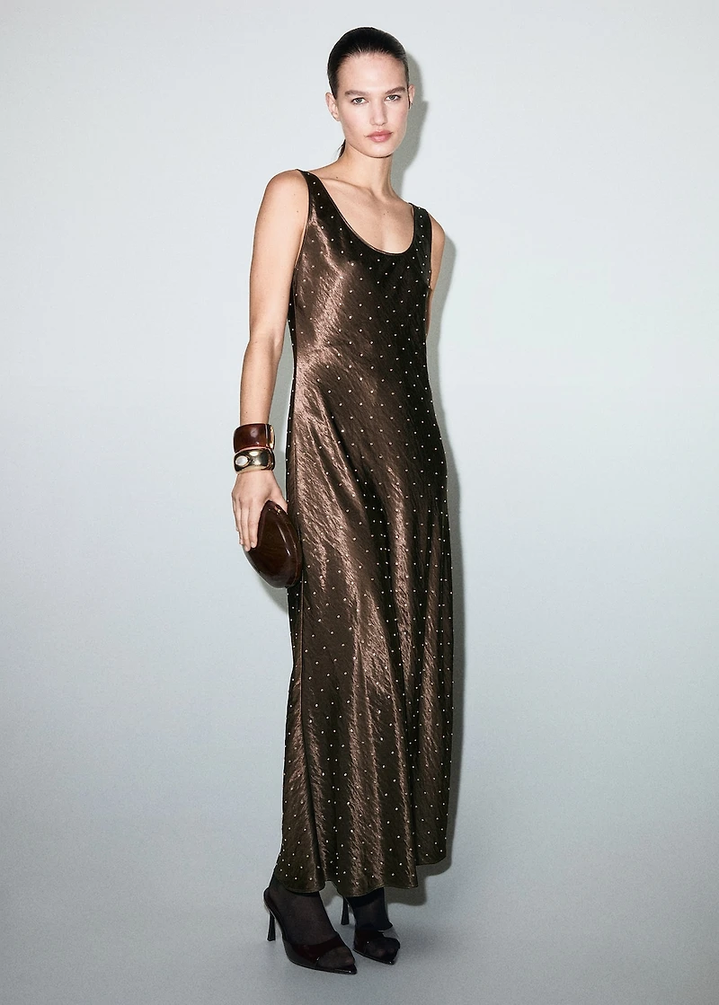 Satin crinkle-effect dress with crystals