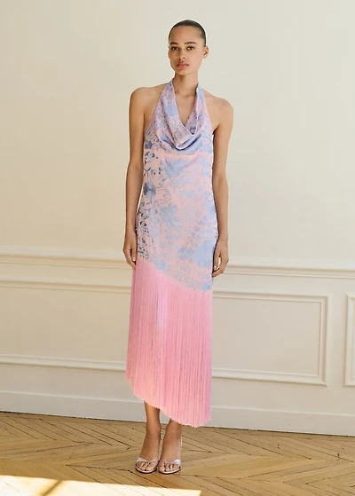 Asymmetrical dress with embroidered fringes