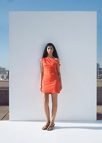 Ruched dress with asymmetrical neckline