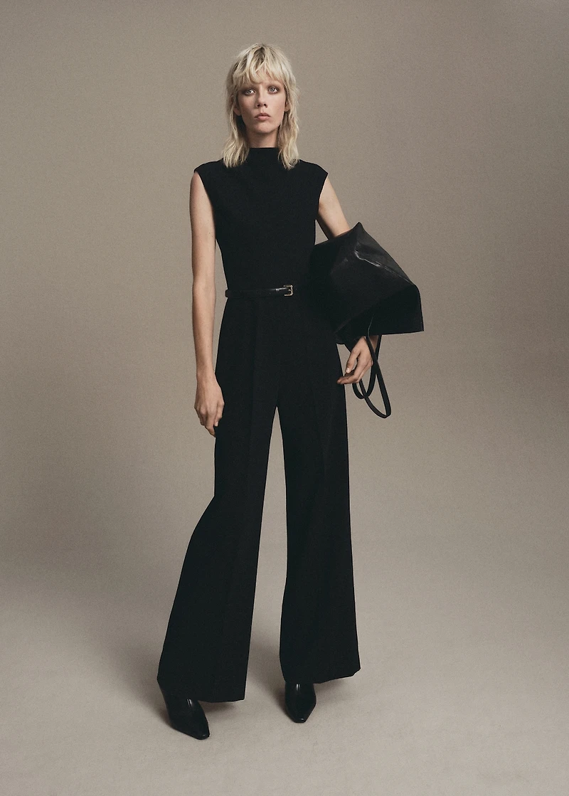 Jumpsuit with draped neck and belt