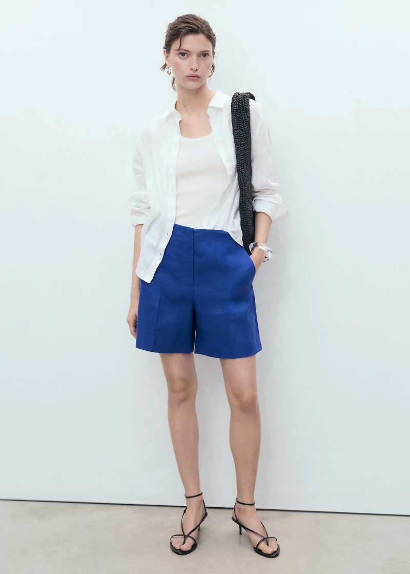 Linen straight-fit mid-rise shorts