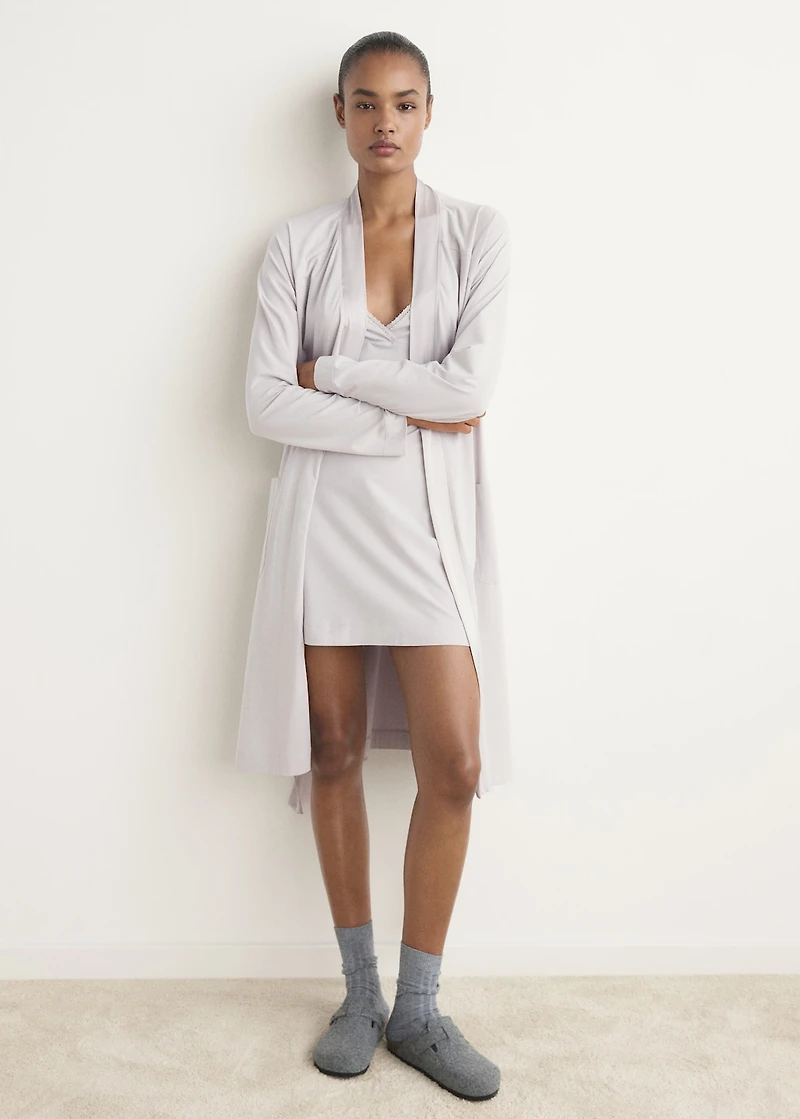 Cotton dressing gown with satin trim