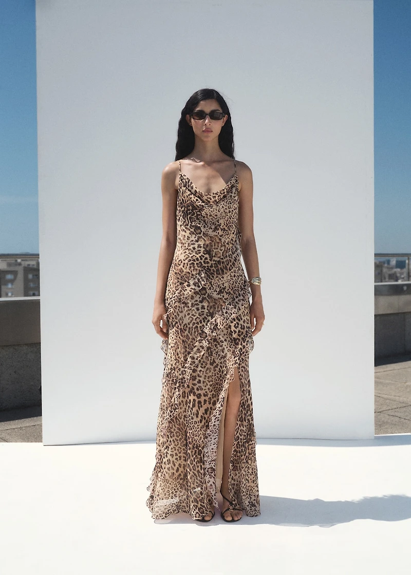 Leopard-print ruffle dress with opening