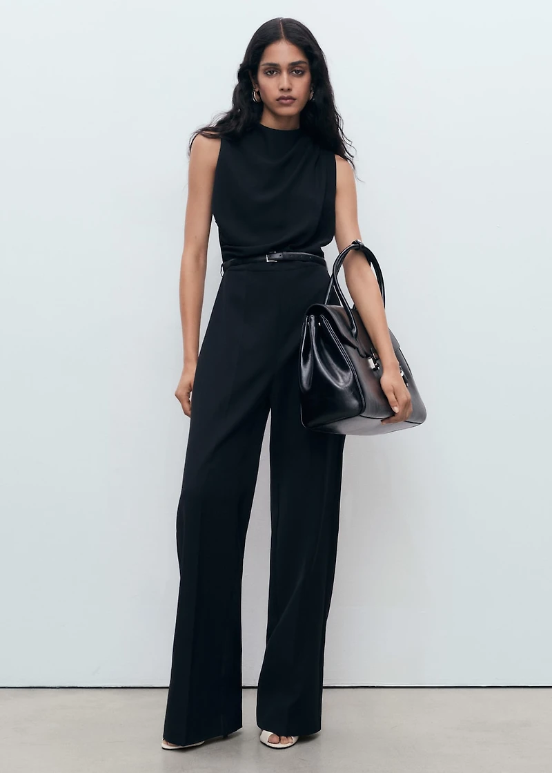 Long jumpsuit with draped neck and belt