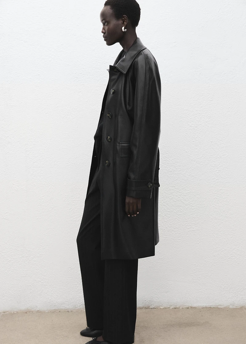 Long faux-leather trench coat with belt