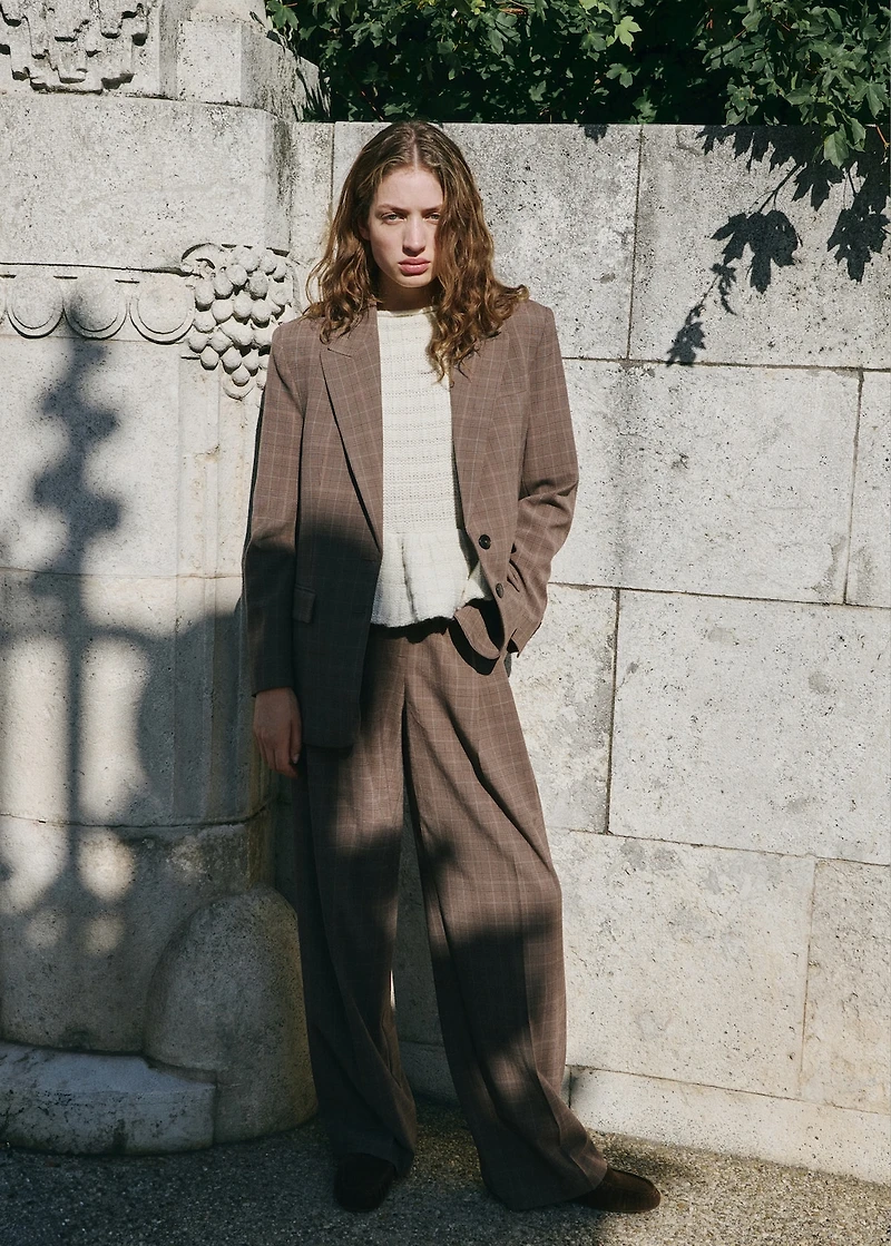 Wide-leg check suit pants