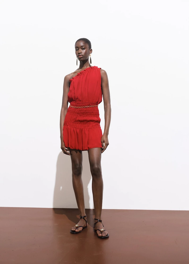 Asymmetrical gathered dress with belt