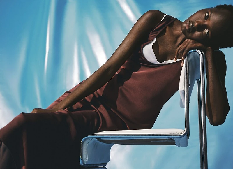 Satin dress with low-cut neckline