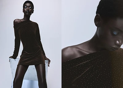 Asymmetrical velvet dress with shiny details