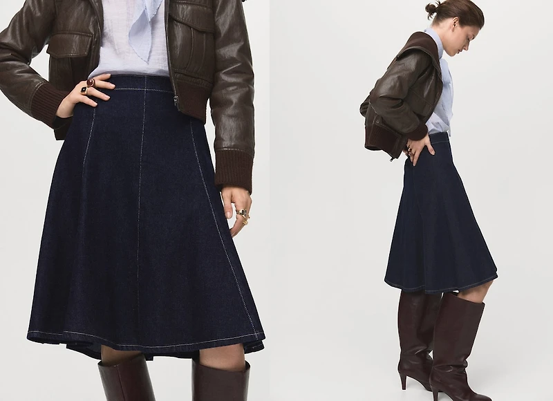 Denim midi-skirt with stitching