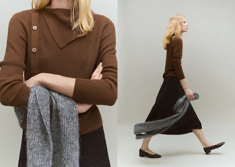 Sweater with asymmetrical neck and buttons