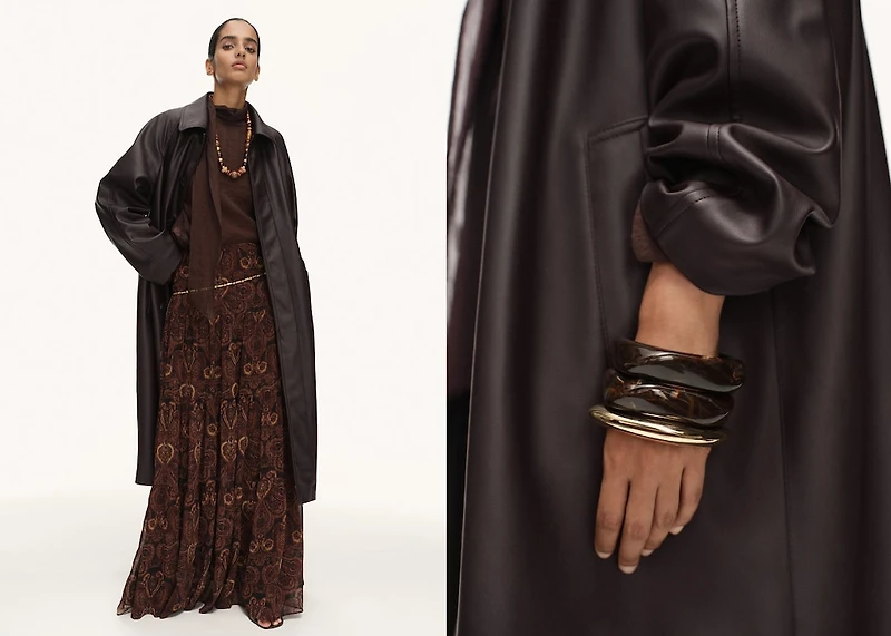 Long faux-leather trench coat