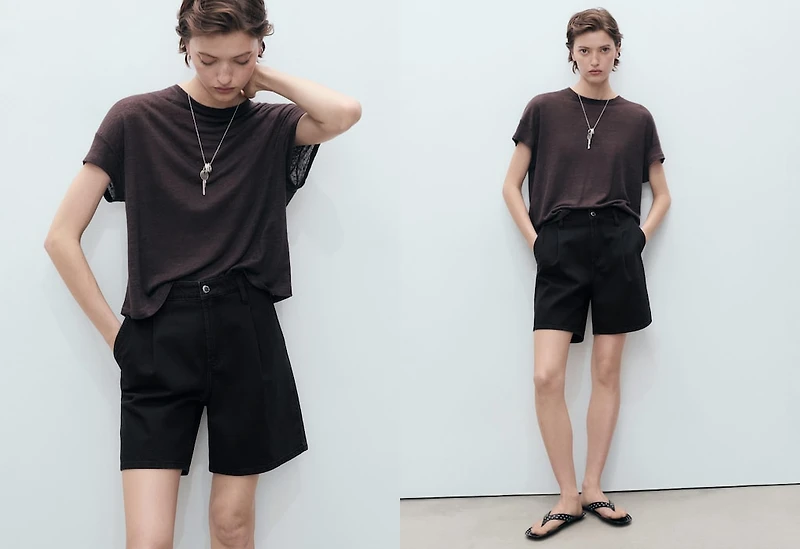 Mid-rise denim bermuda shorts with pleats