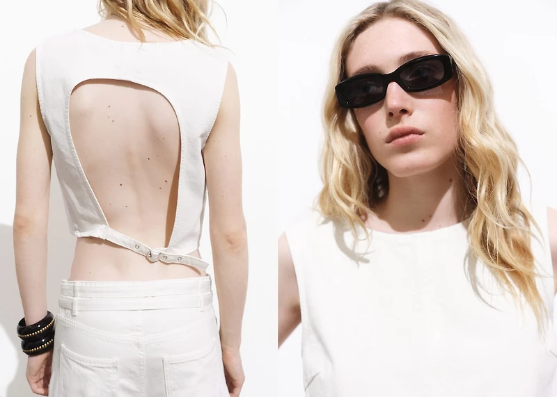 Denim crop top with buckle closure