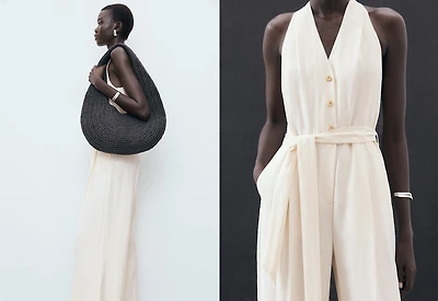 Halter-neck jumpsuit with belt