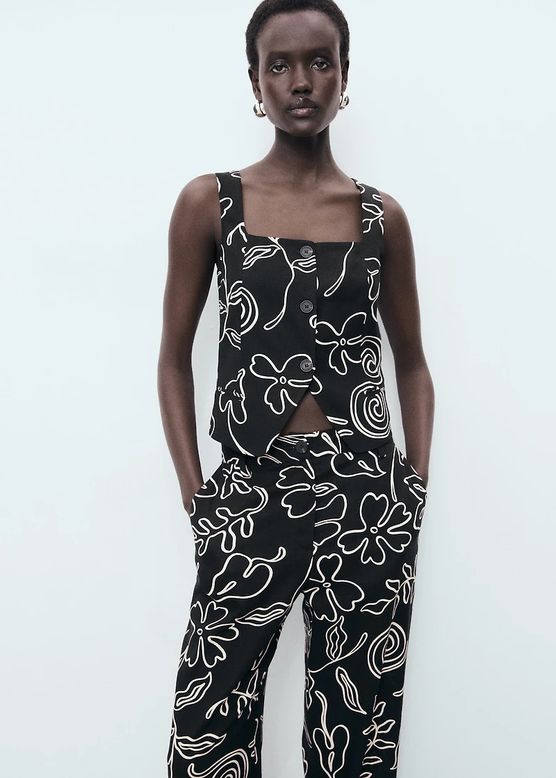 Floral-print linen-blend pants