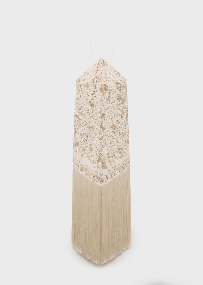 Floral-embroidered dress with fringe detail