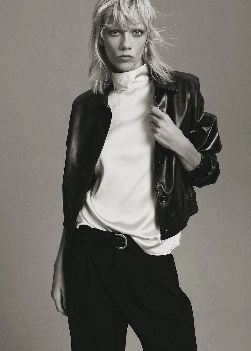 High collar satin blouse