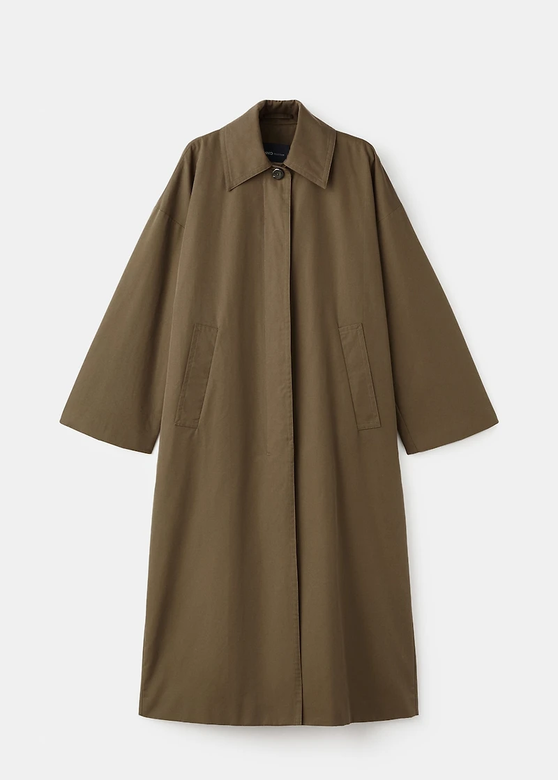 Long cotton trench coat with concealed buttons