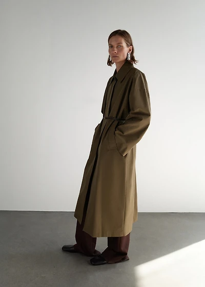 Long cotton trench coat with concealed buttons