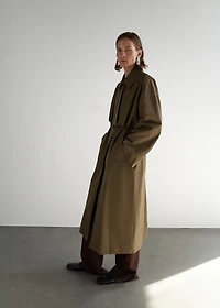 Long cotton trench coat with concealed buttons