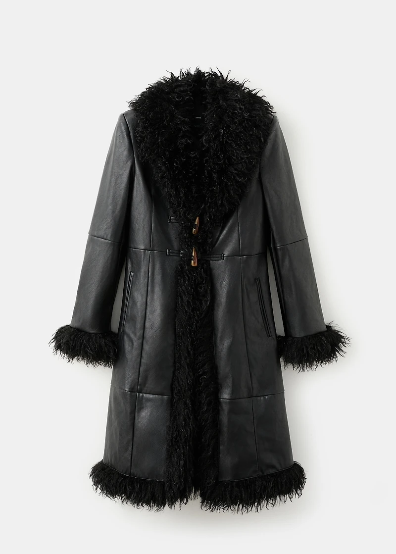 Faux-leather coat with fur trim