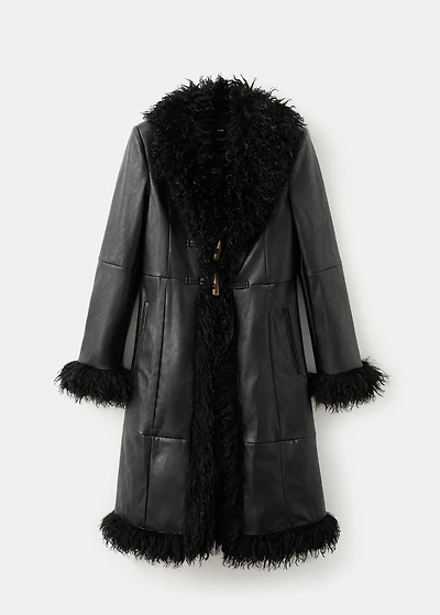 Faux-leather coat with fur trim