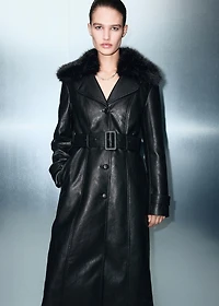 Faux-leather coat with fur collar