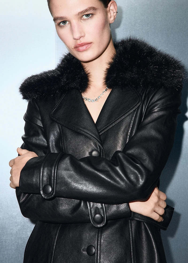 Faux-leather coat with fur collar