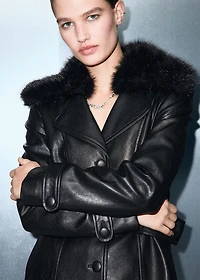 Faux-leather coat with fur collar