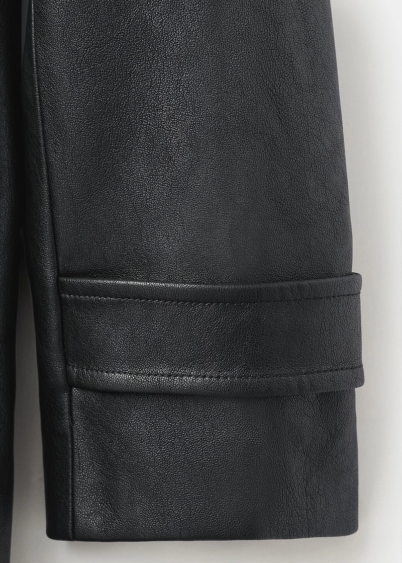 Faux-leather coat with fur collar