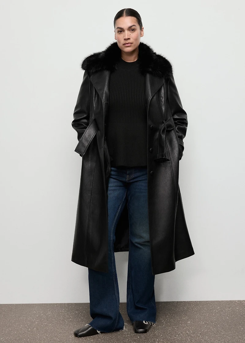 Faux-leather coat with fur collar