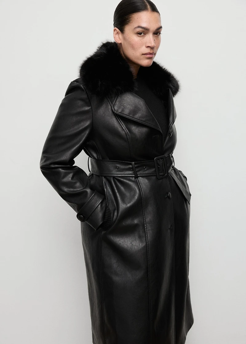 Faux-leather coat with fur collar