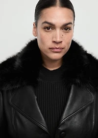 Faux-leather coat with fur collar