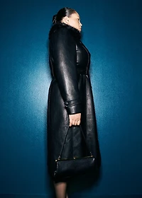 Faux-leather coat with fur collar