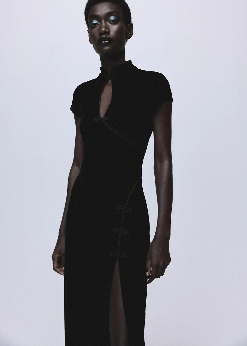 Velvet dress with toggle fastenings and slit