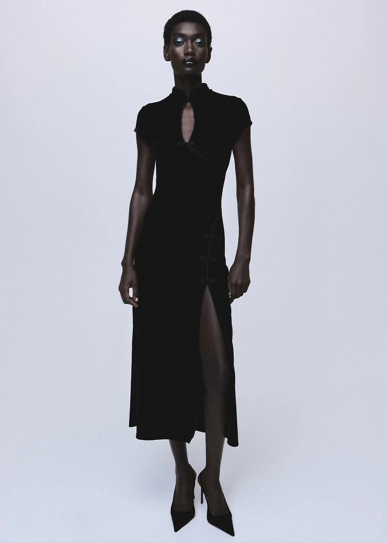 Velvet dress with toggle fastenings and slit