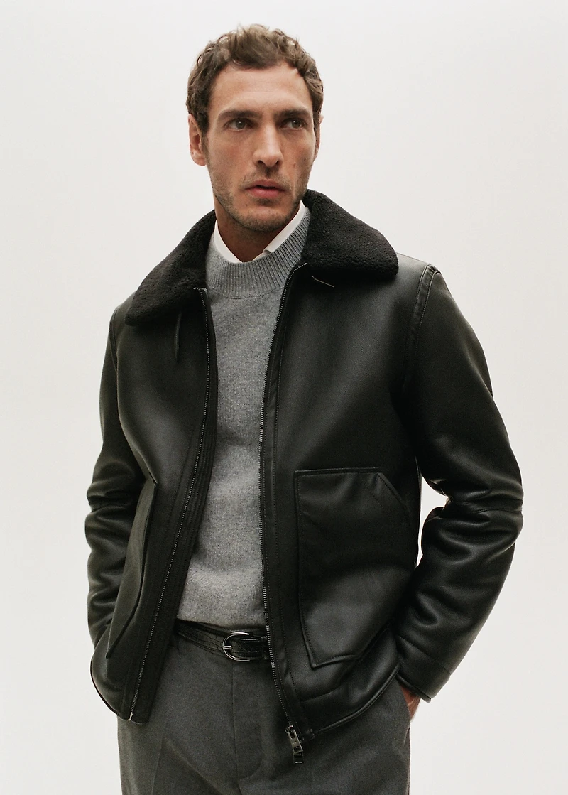 Faux-leather fleece jacket