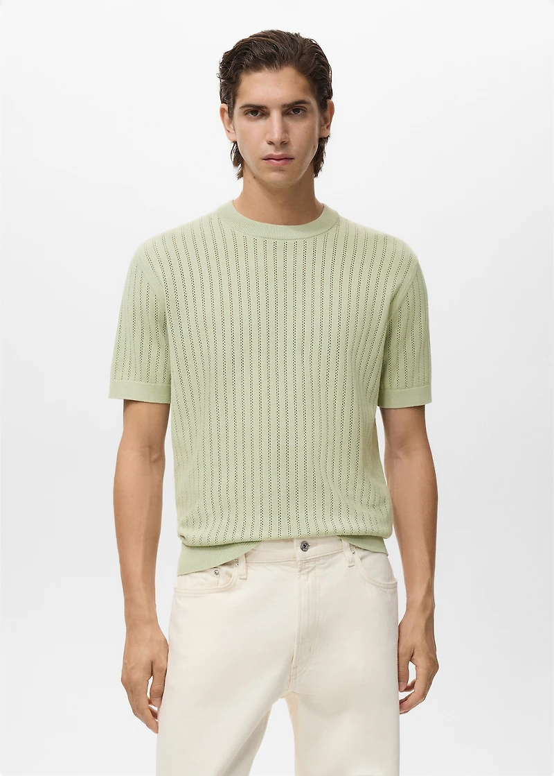 Striped openwork cotton t-shirt