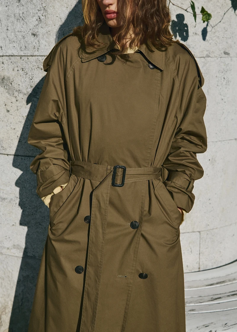 Double-breasted trench coat with corduroy collar