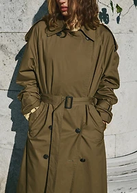 Double-breasted trench coat with corduroy collar