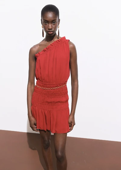 Asymmetrical gathered dress with belt