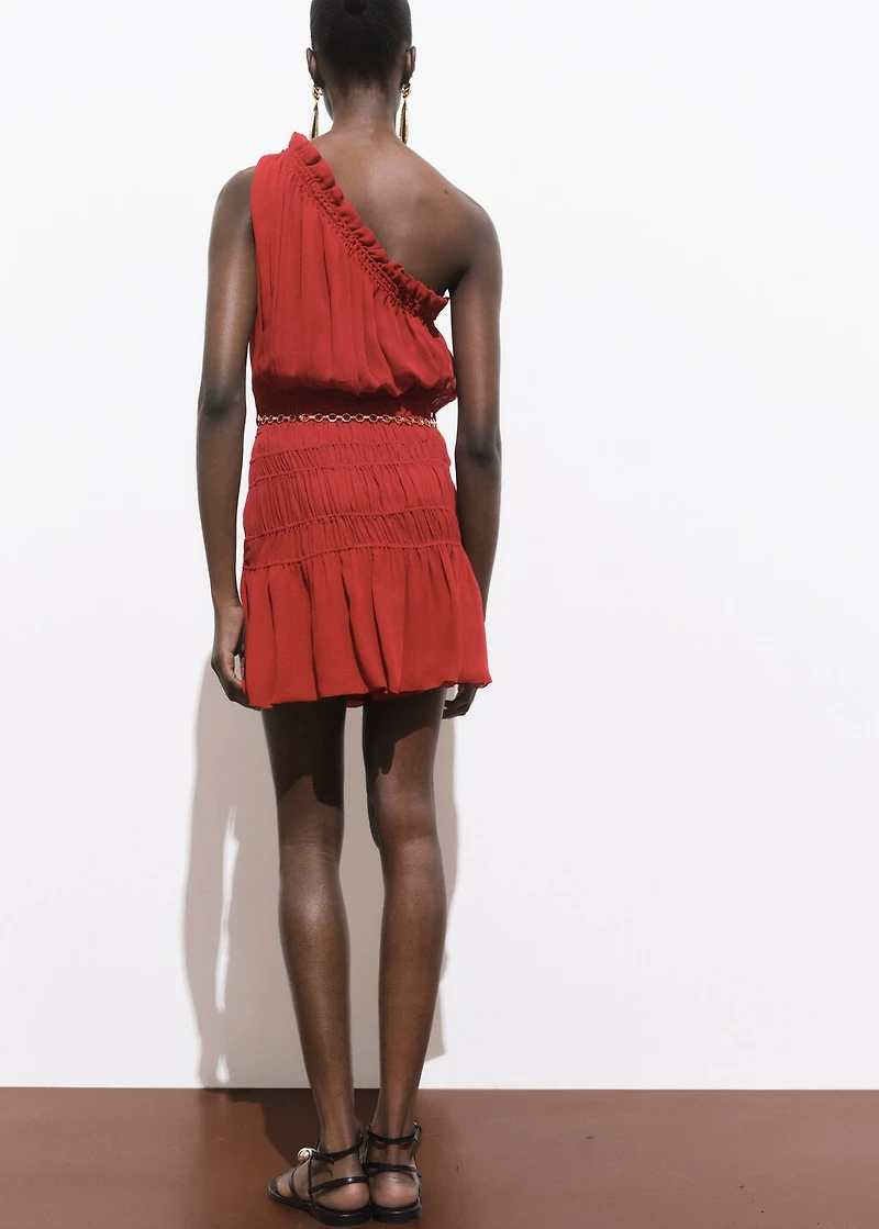 Asymmetrical gathered dress with belt